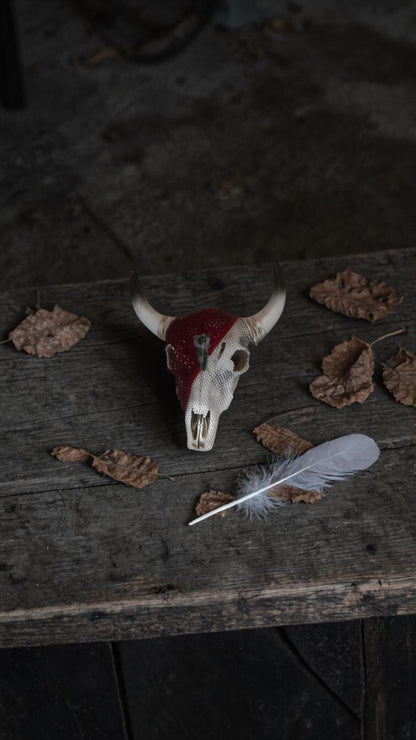 Beaded Cow Skull — Red & Pearl Art Sculpture