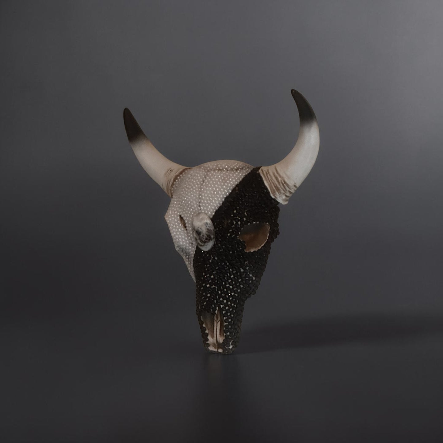 Beaded Cow Skull — Black & Pearl Art Sculpture