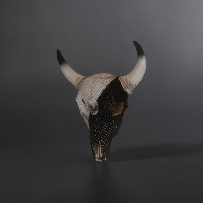Beaded Cow Skull — Black & Pearl Art Sculpture