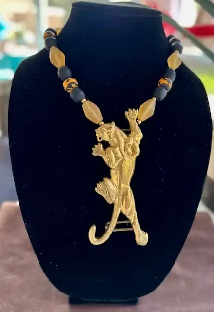 Golden Panther Tribal Statement Necklace with Bold Beaded Design image 1