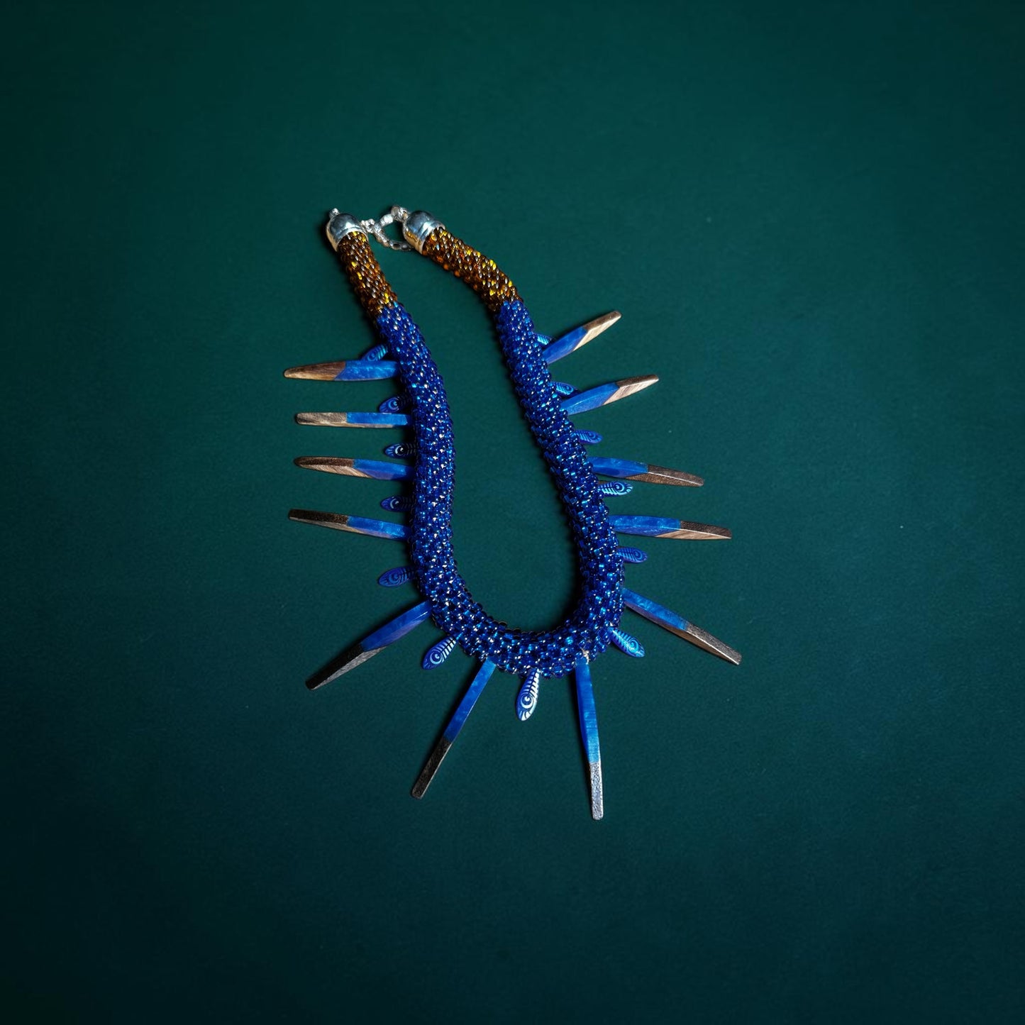 Midnight Feather Beaded Necklace — Bold Cobalt Blue & Earthy Brown Statement Jewelry
