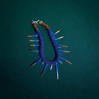 Midnight Feather Beaded Necklace — Bold Cobalt Blue & Earthy Brown Statement Jewelry
